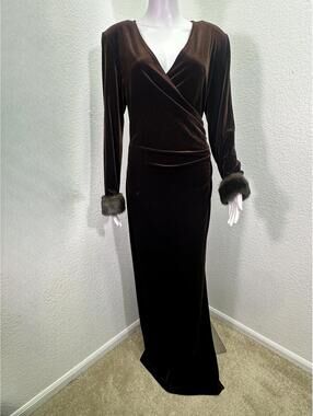Vtg Sz 16 Cachet Chocolate Brown Lush Velvet Maxi Faux Fur Trim Y2K Wrap Ruched